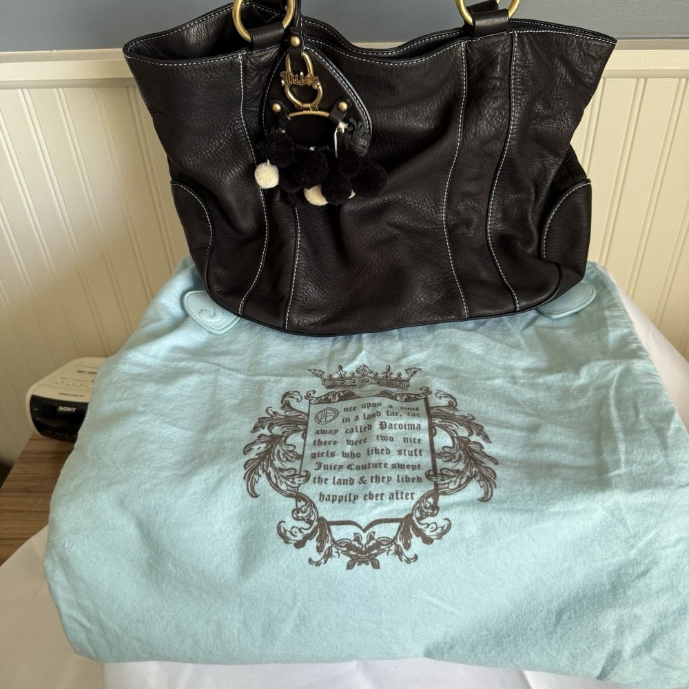 VINTAGE JUICY COUTURE Black Leather Hobo Tote Shoulder Bag Handbag Purse Dustbag